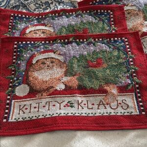 Windham Weavers Christmas Festive Kitty Klaus Tapestry Place Mats set of four